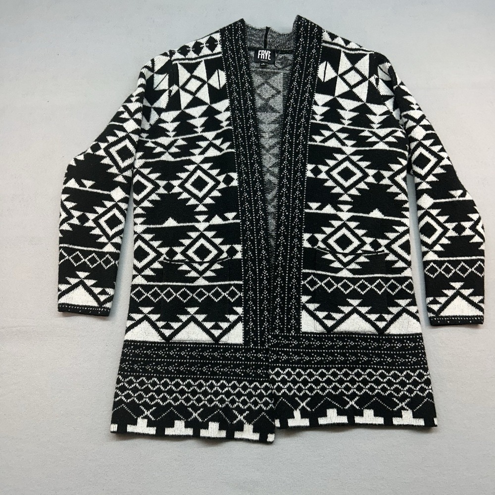 Frye Cardigan Sweater Womens M Black White Aztec Tribal Soft Open Front Boho